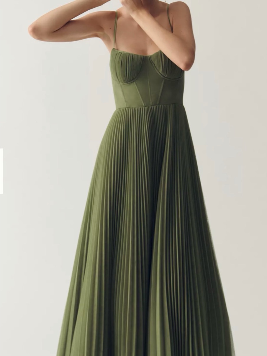 Reformation Olive Green Pleated Maxi With Corset Bodice